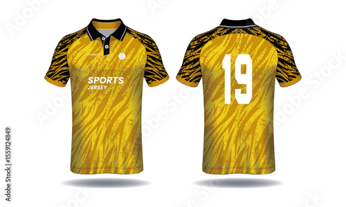 Front and back view of a yellow sports jersey with tiger stripe pattern and number 19