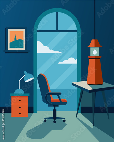 The former lighthouse keepers bedroom has been turned into a serene workspace with a comfortable chair and plenty of natural light.. Vector illustration