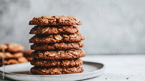 Anzac biscuits stacked neatly on a white plate, traditional oat and golden syrup cookies.