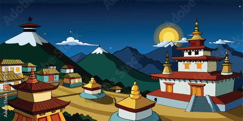 Serene Himalayan Mountain Village A 2D Animation Background