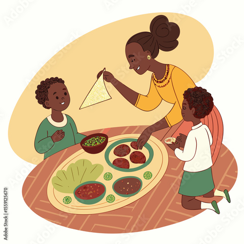 Family enjoying traditional Ethiopian injera meal ethiopian food family meal