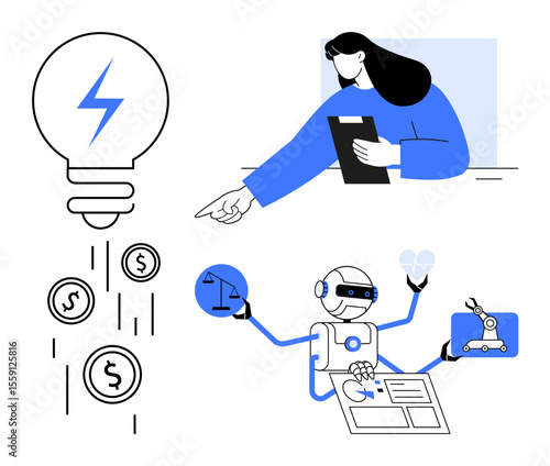 Robot managing tasks, businesswoman holding a clipboard, lightbulb generating coins. Ideal for technology, innovation, finance, automation, legal tech, idea generation simple landing page