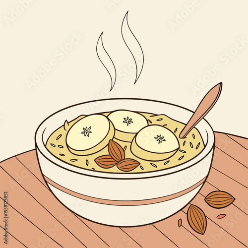 Hot oatmeal with banana slices and almonds breakfast