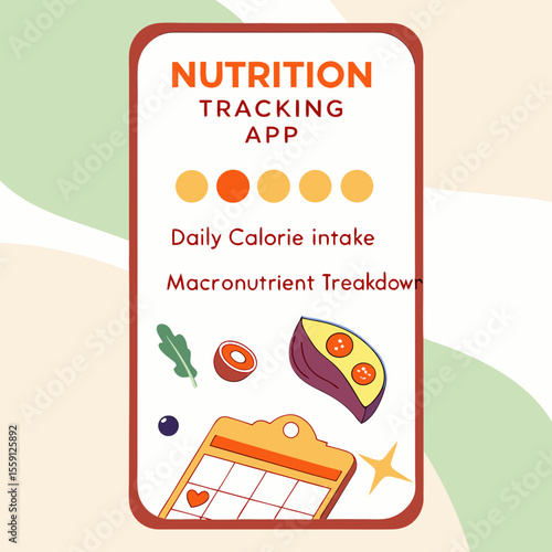 Nutrition tracking app screen with food icons and calendar daily calorie intake macronutrient breakdown