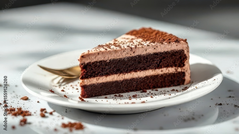 Slice of Chocolate Cake Delight: A close-up of a decadent slice of chocolate cake on a pristine plate, perfectly showcasing the rich layers and creamy texture of this exquisite treat. Slice of Chocolate Cake Delight: A close-up of a decadent slice of chocolate cake on a pristine plate, perfectly showcasing the rich layers and creamy texture of this exquisite treat.