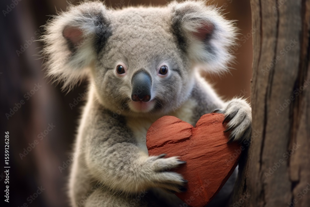 Fototapeta premium Adorable koala embraces a wooden heart, symbolizing love for animals and the importance of wildlife conservation