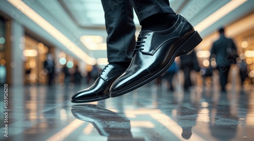 Stylish black dress shoes elevate a businessman's confident stride in a bustling city shopping mall