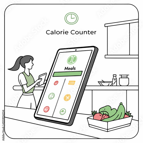 Woman using tablet for calorie counting in kitchen with fresh produce calorie counter food tracking