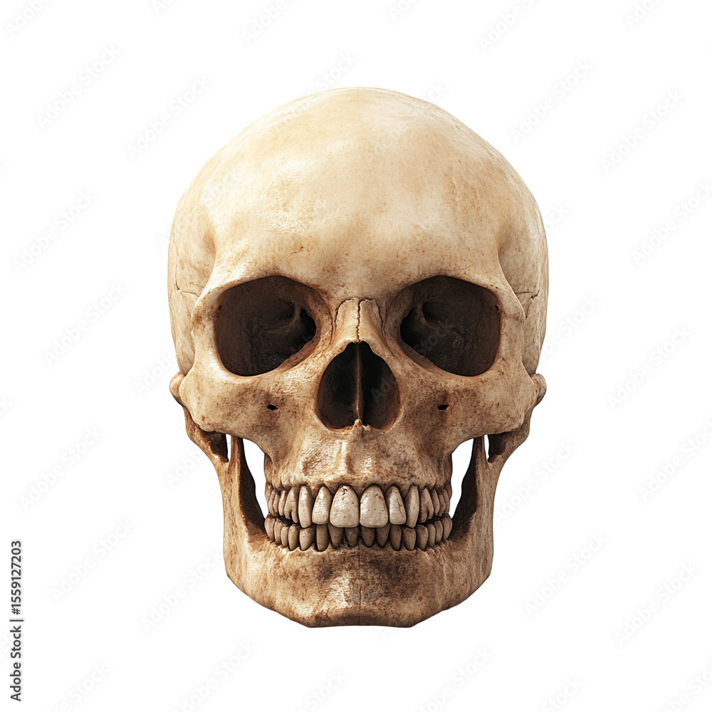 Obraz premium Human skull front view on black background anatomical study