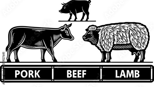 Illustration of pork beef and lamb with a pig cow and sheep in black and white vintage style design
