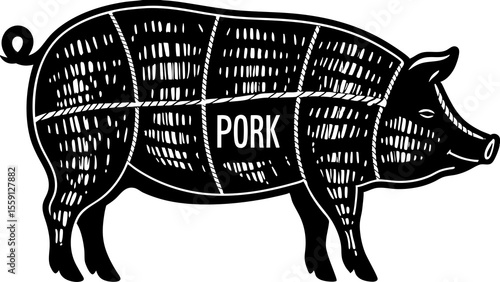 Illustration of a black and white pig with cut lines and the word pork on its side showing meat cuts