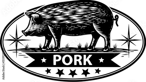 Illustration of a pig with the word pork below it and stars in an oval frame in black and white style