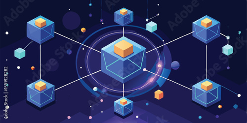Blockchain Technology A 3D Network of Cubes Representing Decentralized Data