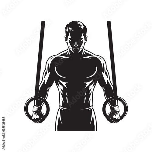 Monochrome vector illustration of a muscular athlete holding gymnastic rings.