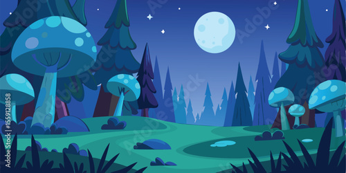 Enchanted Forest Night Scene 2D Cartoon Illustration