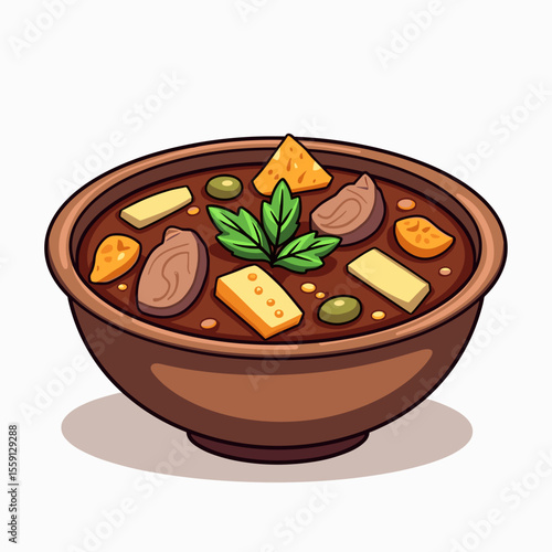 Delicious Cartoon Style Stew with Meat, Vegetables, and Herbs in a Brown Bowl Illustration
