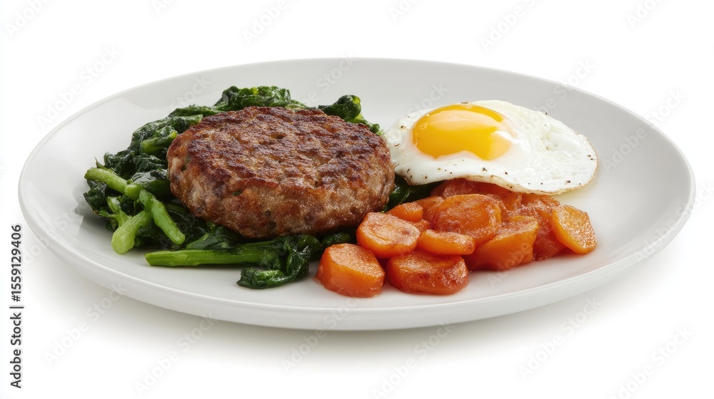 Bubble and squeak patties served with a poached egg on white plate. Bubble and squeak patties served with a poached egg on white plate.