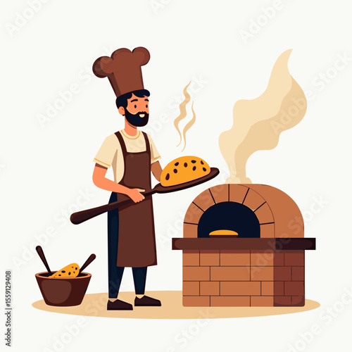 Illustration of a Baker Baking Bread in a Brick Oven with Steam and a Bowl of Dough