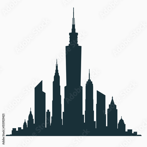 Dark Silhouette Illustration of a Modern City Skyline with Skyscrapers and Tall Buildings