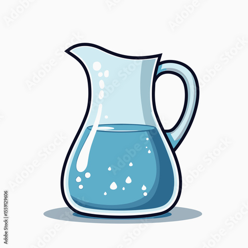 Illustration of Water Pitcher with Blue Liquid and Bubbles, Cartoon Style
