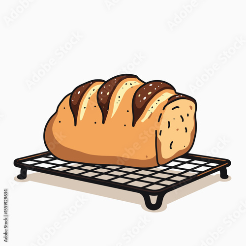 Cartoon Illustration of a Loaf of Bread on a Cooling Rack with Brown Crust and Soft Interior