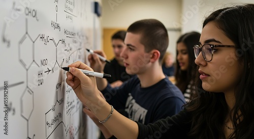 Students writing chemical formulas on whiteboard