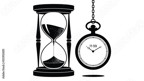 Hourglass and pocket watch icons, vector silhouette. hourglass isolated on black