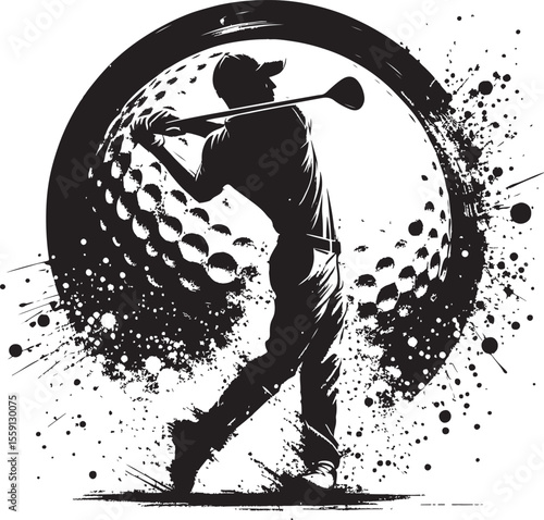 An artistic illustration of a golfer swinging their club, featuring a bold black and white abstract style combined with a dynamic golf ball backdrop. Perfect for sports