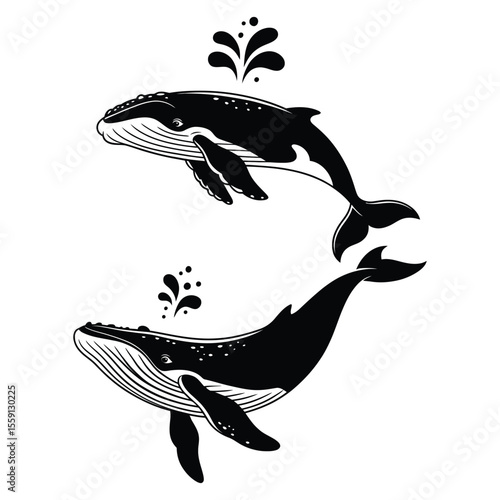 Silhouette of breaching, diving, and swimming whales for dynamic marine and wildlife design