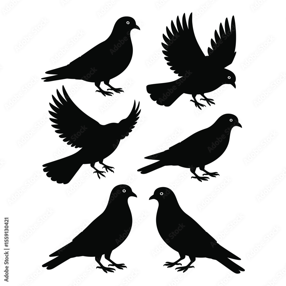 Urban flock silhouettes of pigeons and sparrows for city-themed vector design Urban flock silhouettes of pigeons and sparrows for city-themed vector design