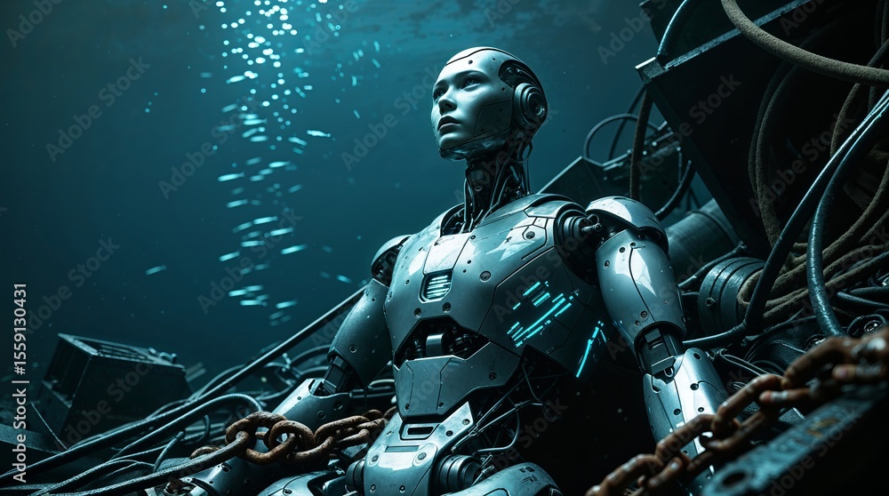 Fototapeta premium Robotic figure resting in an underwater environment surrounded by debris and marine life