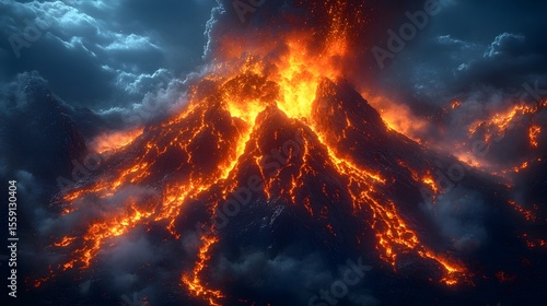 Dramatic volcanic eruption with fiery lava and billowing smoke