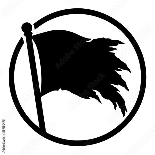 Solid Black Tattered Flag in Circle Icon Vector - Distressed Symbol for Modern Design