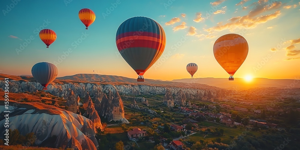 Obraz premium Hot Air Balloons Floating Over Landscape During Sunset