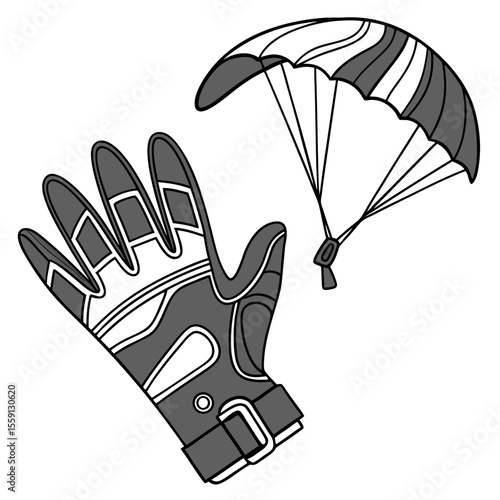 Grey white skydiving glove and parachute sport equipment