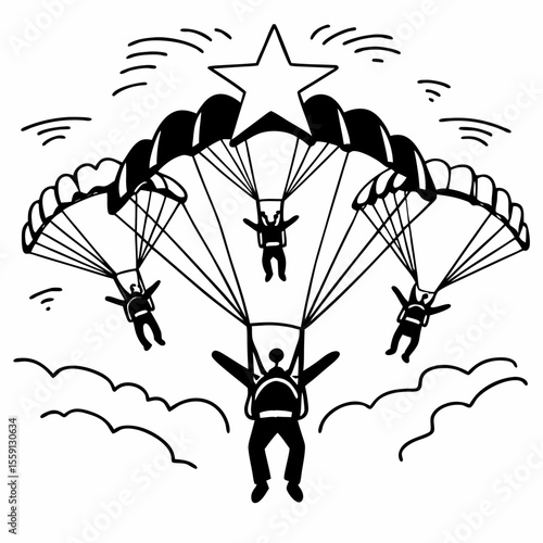 Group skydivers descend under star shaped parachute parachutes skydiving