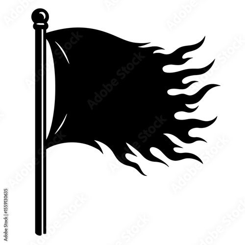 Black and White Vector of a Flag with Flames - Burning and Distressed Banner Illustration