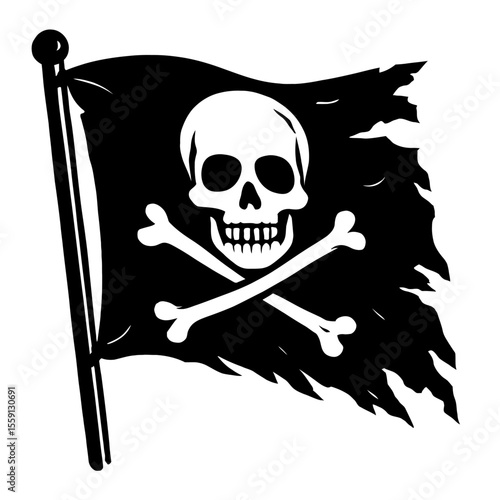 Classic Jolly Roger Pirate Flag with Skull and Crossbones Vector - Distressed Black and White Illustration