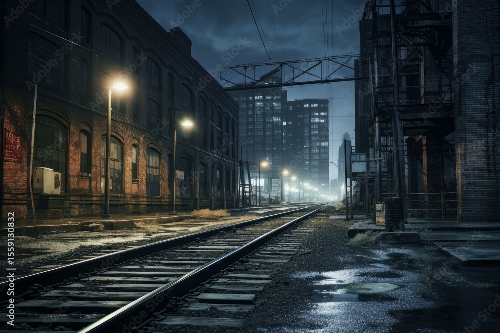 Obraz premium Wet railroad tracks are illuminated by street lights in a deserted, foggy urban industrial area at night
