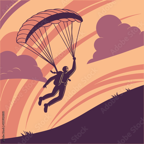 Paraglider soaring against a warm sky with clouds skydiving parachute