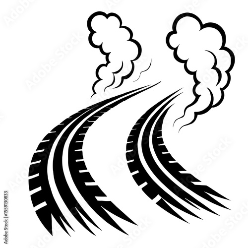 Dynamic Tire Tracks with Smoke Trails Vector Illustration - Black and White Design for Speed, Racing, Automotive, or Fast Movement Concepts