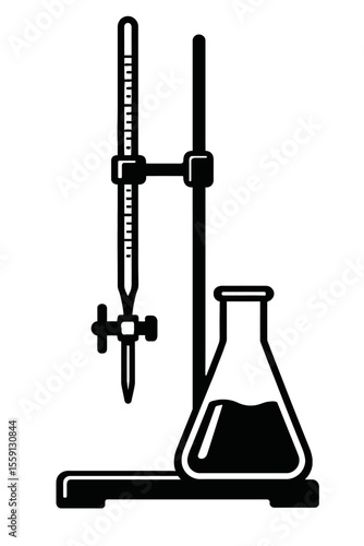 Laboratory Titration Apparatus with Burette, Stand, and Flask Vector Illustration - Black and White Design for Chemistry, Experiment, or Scientific Research Concepts