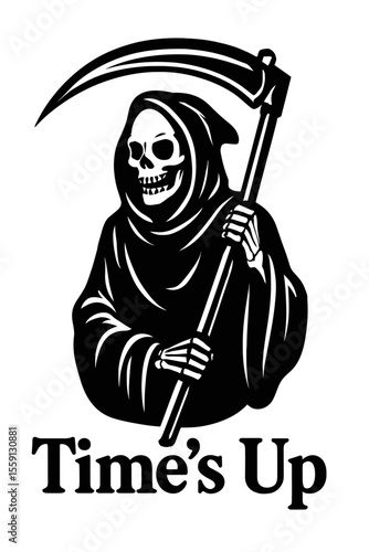 Menacing Grim Reaper with Scythe and "Time's Up" Text Vector Illustration - Striking Black and White Design for Death, Mortality, or Warning Concepts