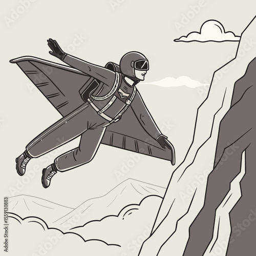 Person flying with wingsuit near rocky cliff face extreme sports adventure