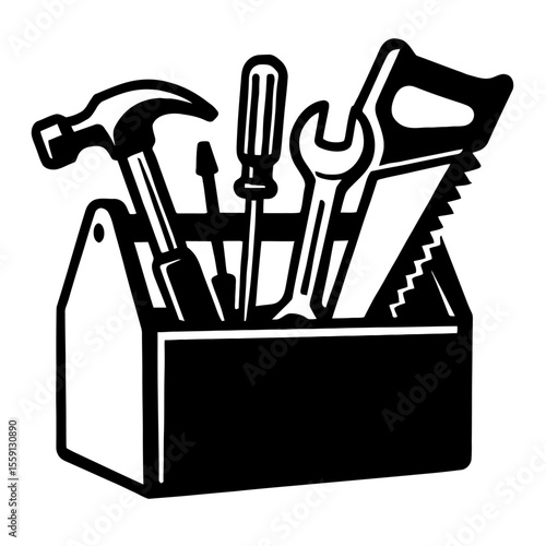 Open Tool Caddy with Assorted Hand Tools Vector Illustration - Black and White Design for Construction, Repair, DIY, or Professional Trades