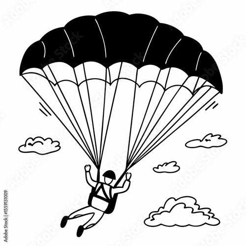 Skydiver descending with parachute and clouds skydiving freefall