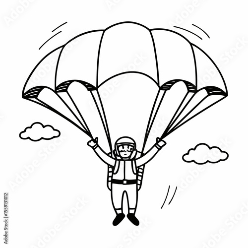 Skydiver descending with parachute and clouds freefall skydiving