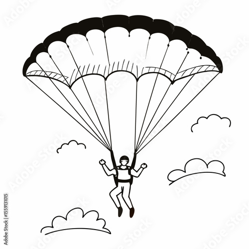 Skydiver descending with parachute and clouds skydiving freefall