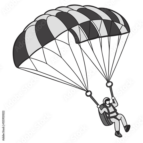 Skydiver descending with parachute rig and harness vector