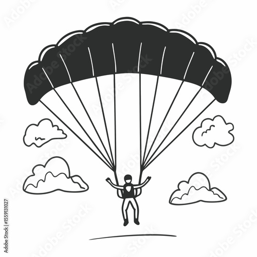 Skydiver descending with parachute open surrounded by clouds skydiving jumping